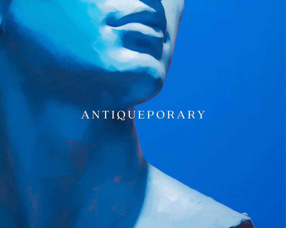 Blue Greek Bust Statue Laurel Leaves Vivid Blue Background Art Poster - Image 2