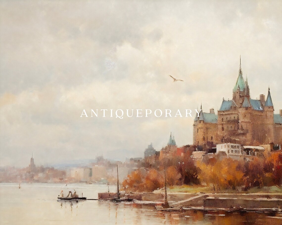 Grand Chateau Riverbank Autumn Foliage Vintage Cityscape Poster - Image 3