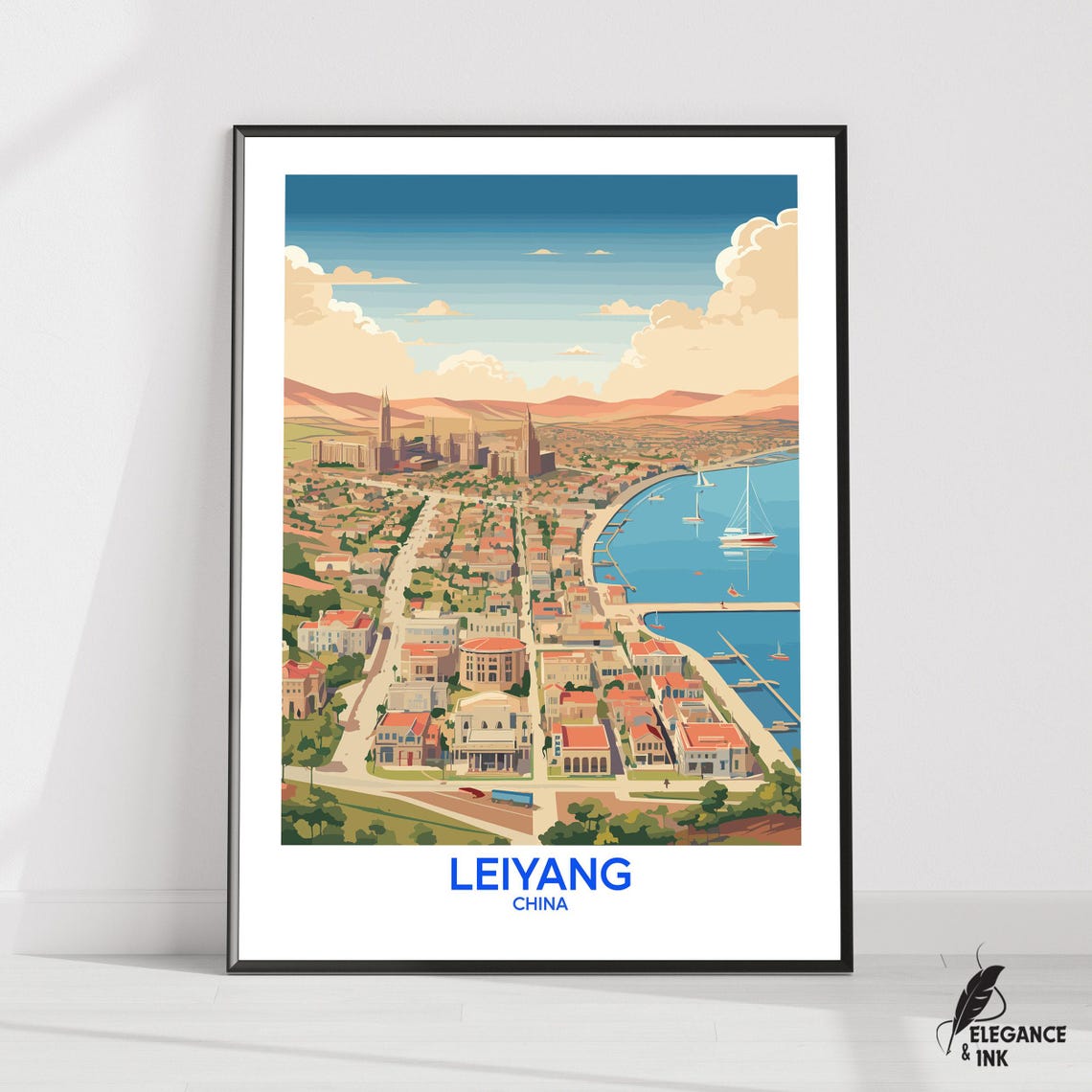 Leiyang China Harbor Vintage Travel Poster With Bold Blue Caption