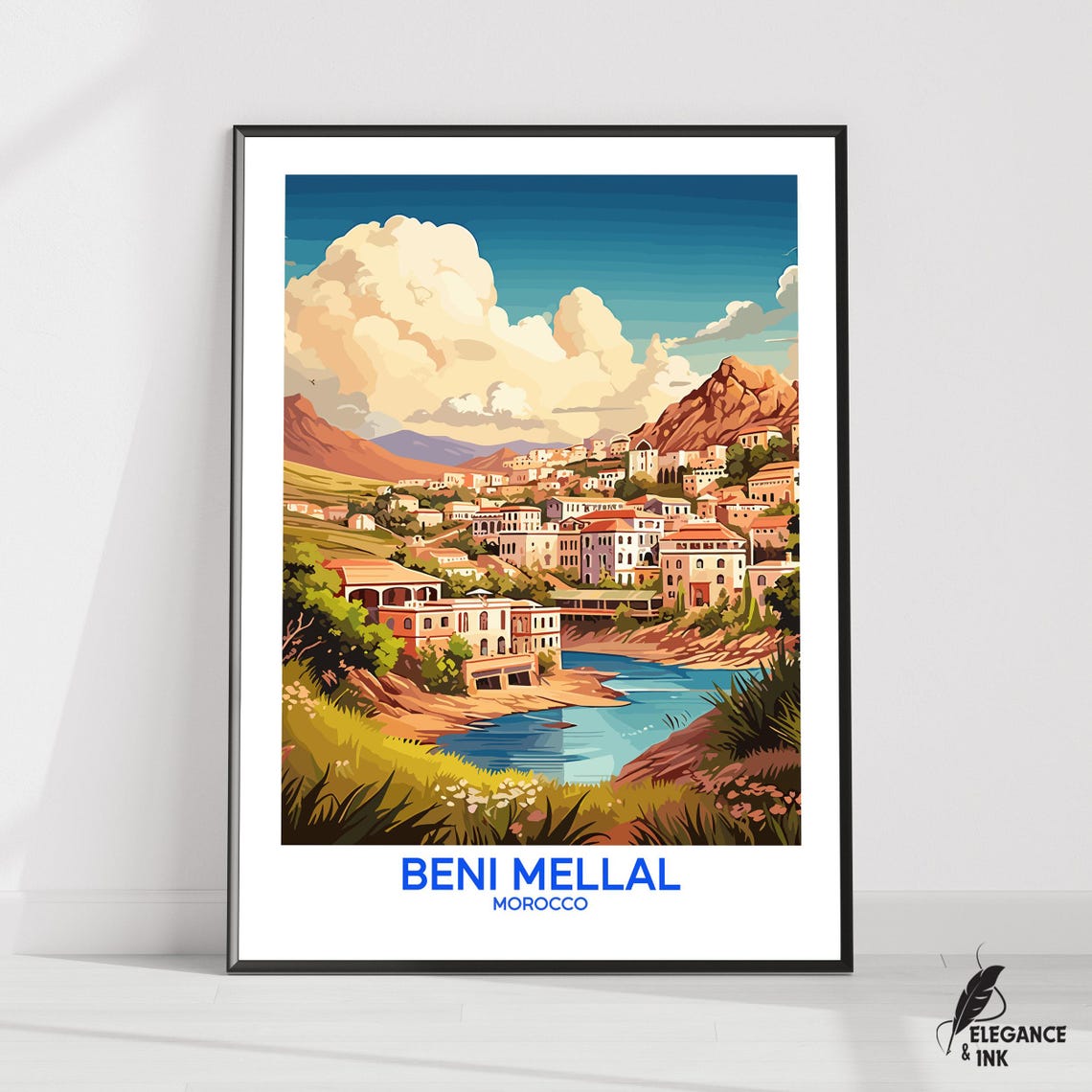 Beni Mellal Morocco Hillside Town Vintage Travel Poster Artwork
