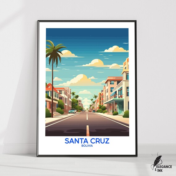 Santa Cruz Bolivia Palm Lined Street Sunset Vintage Travel Poster