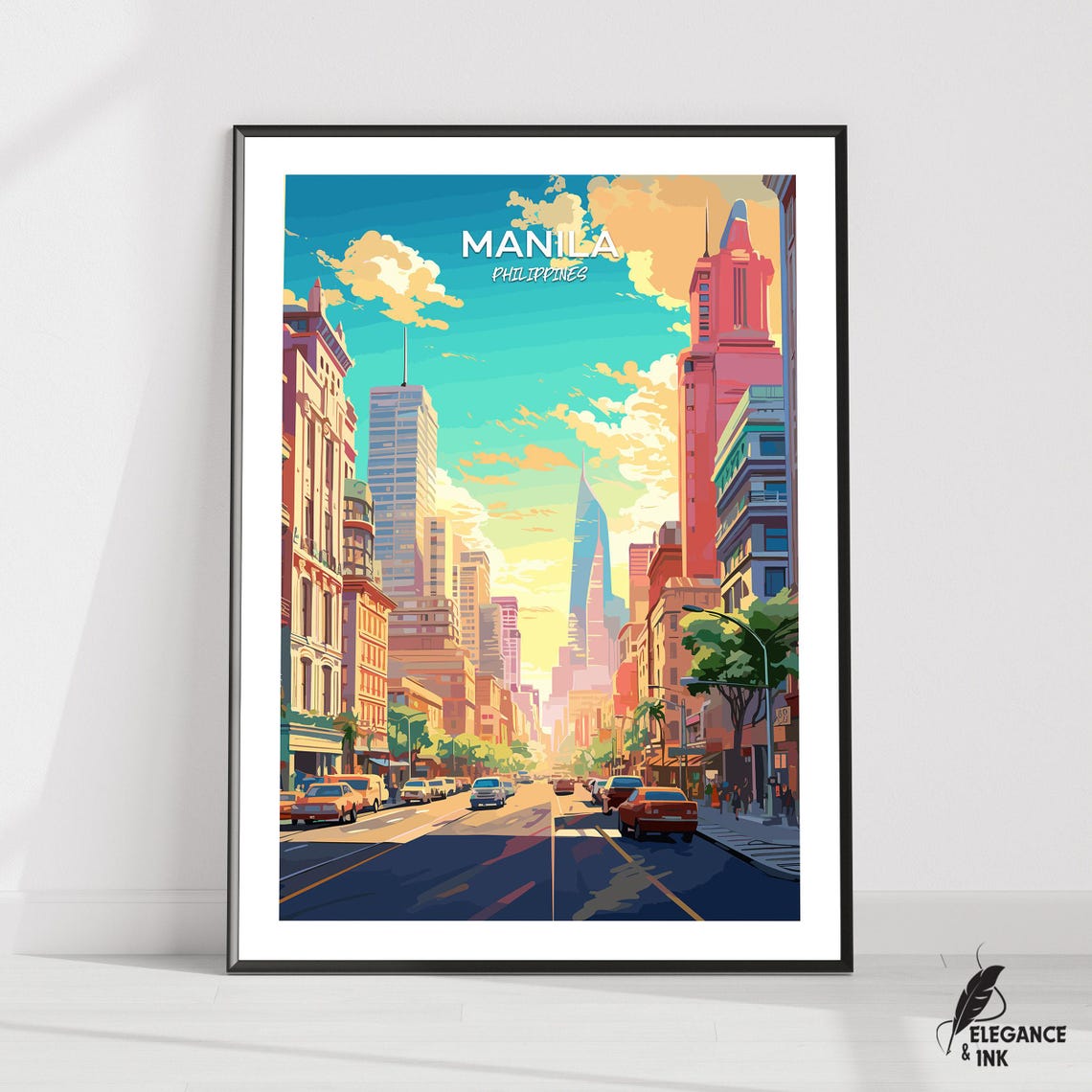 Manila Philippines Downtown Skyline Sunset Retro Travel Poster