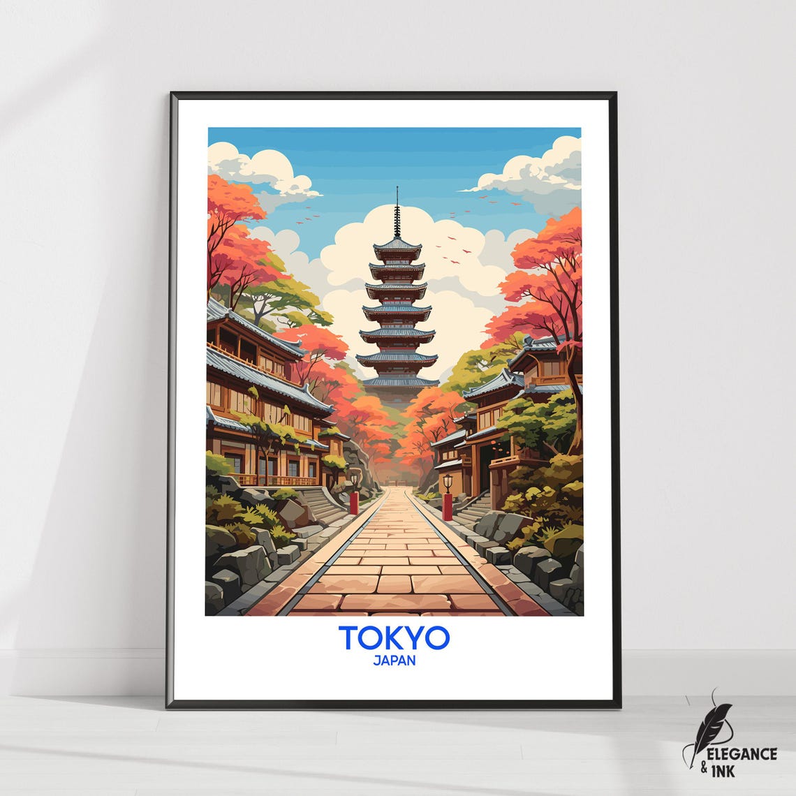 Tokyo Autumn Pagoda Japanese Temple Street Retro Travel Poster