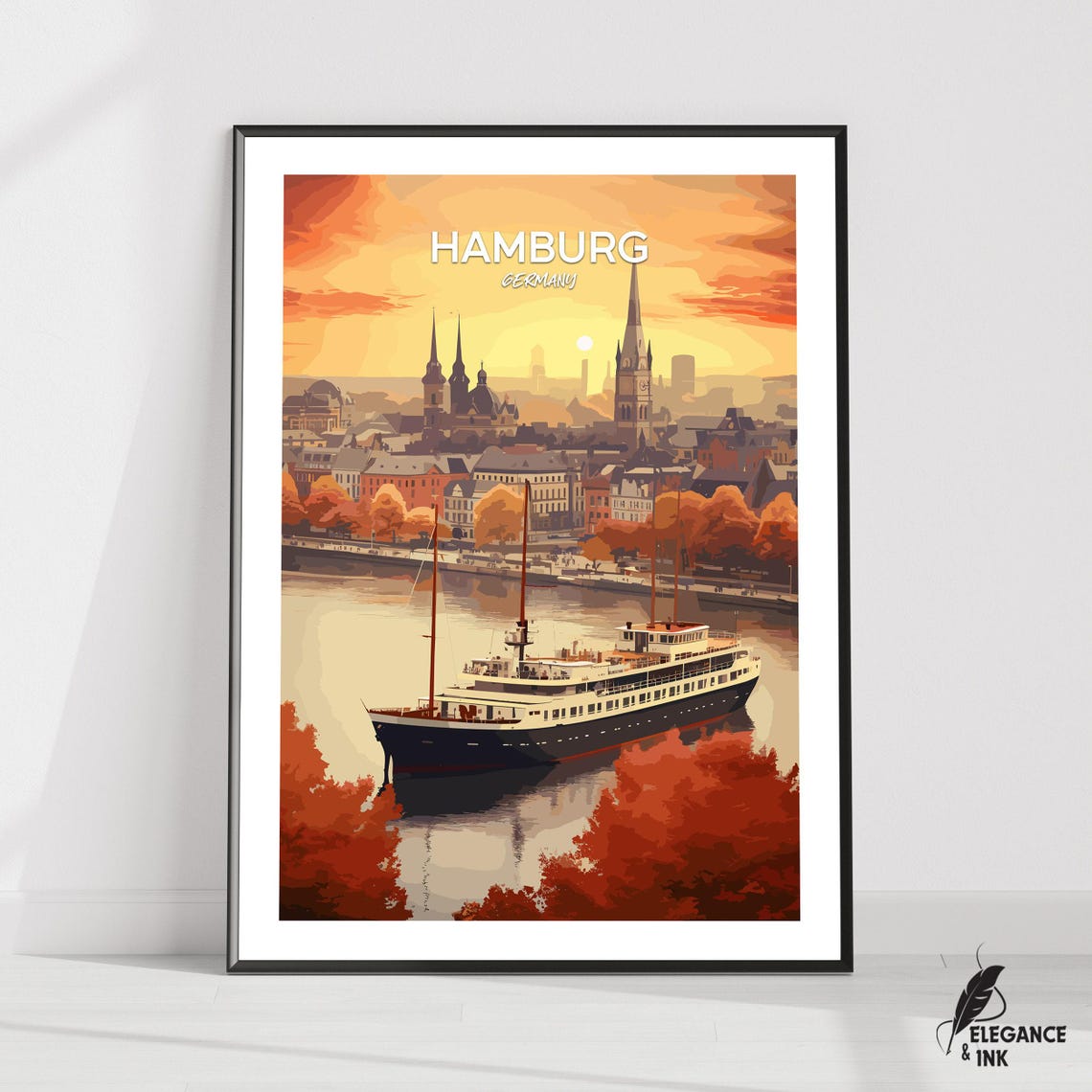 Hamburg Germany Poster Of Harbor Sunset Skyline With Tall Ship