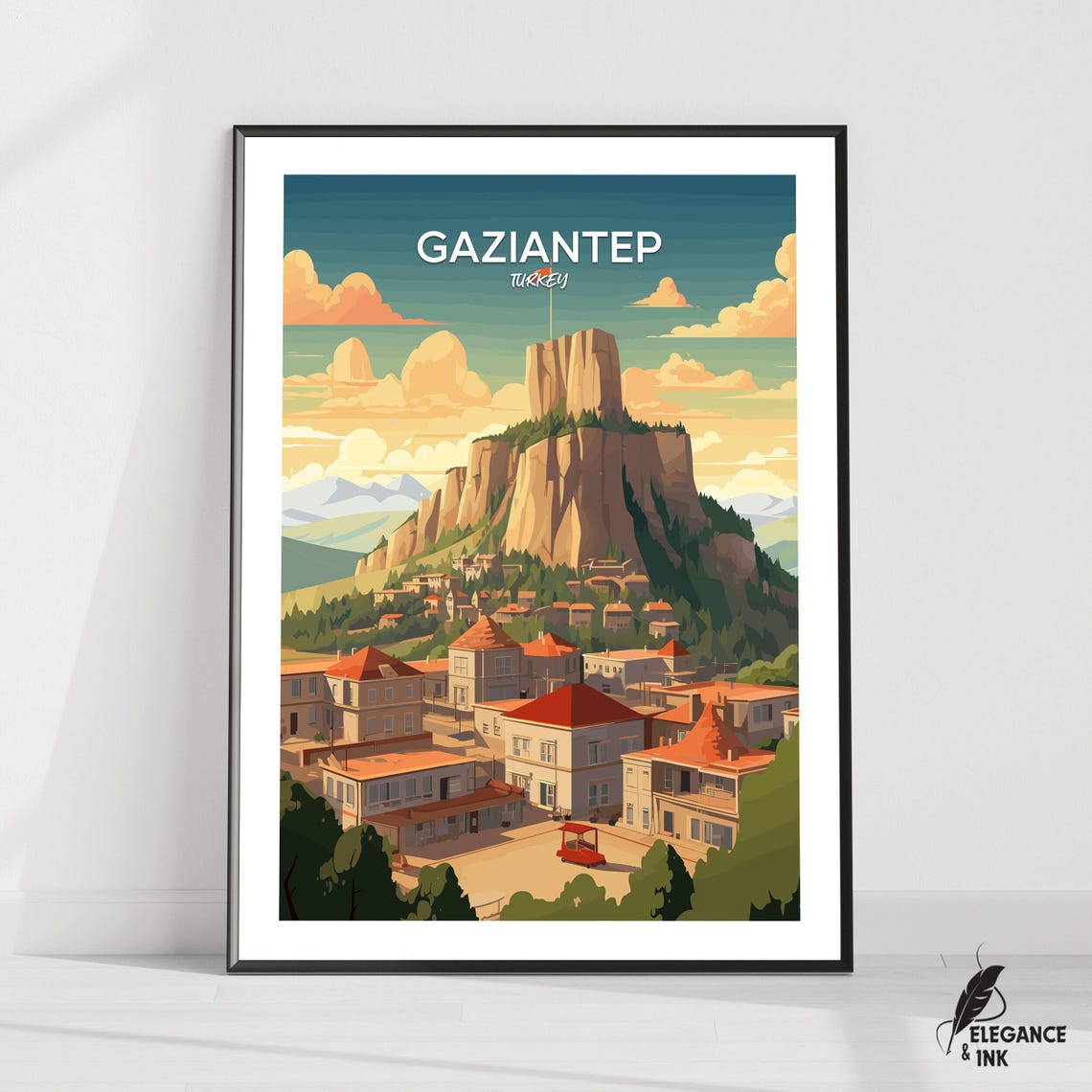 Gaziantep Turkey Rock Castle Town Sky Lettering Travel Poster