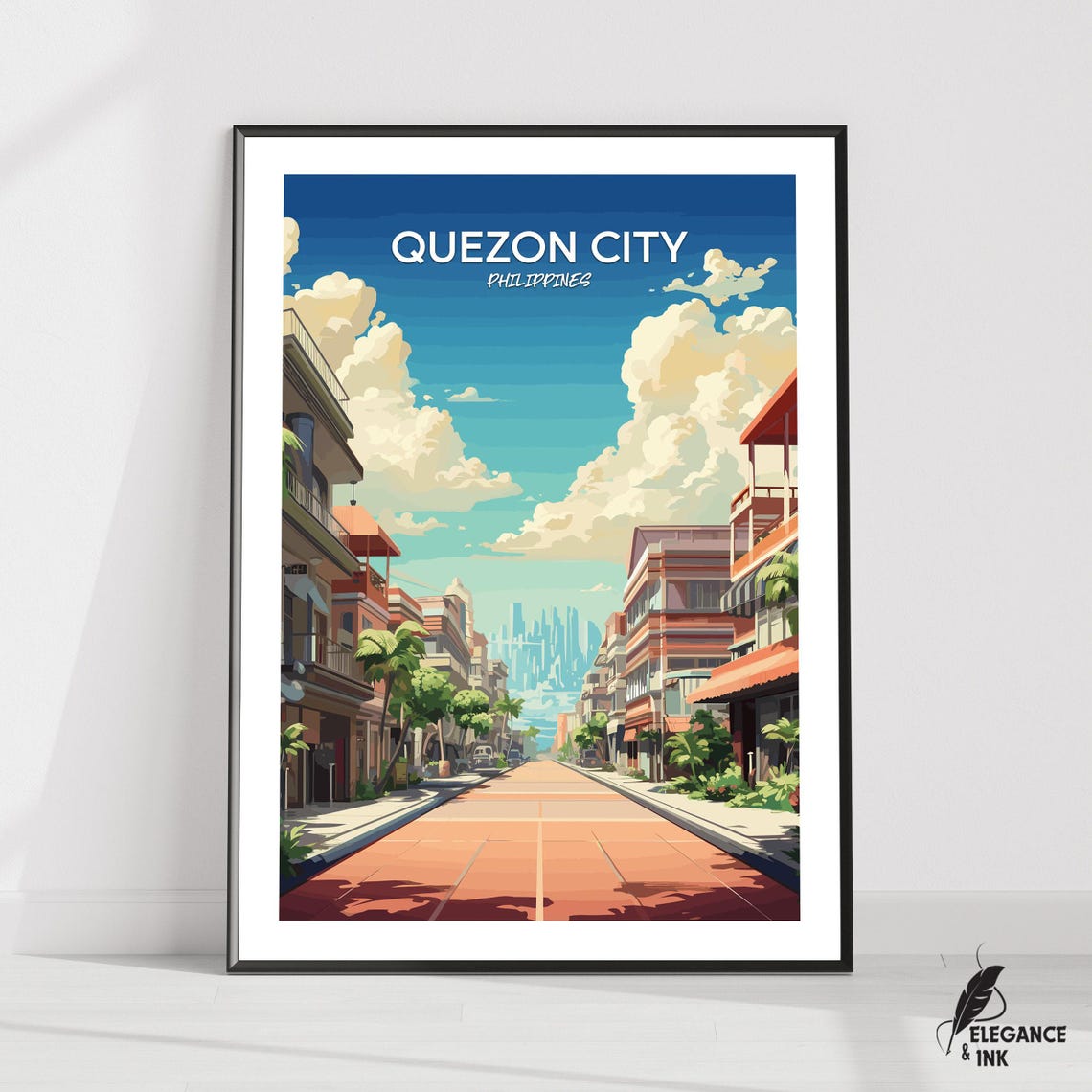 Quezon City Philippines Sunny Street Illustration Travel Poster