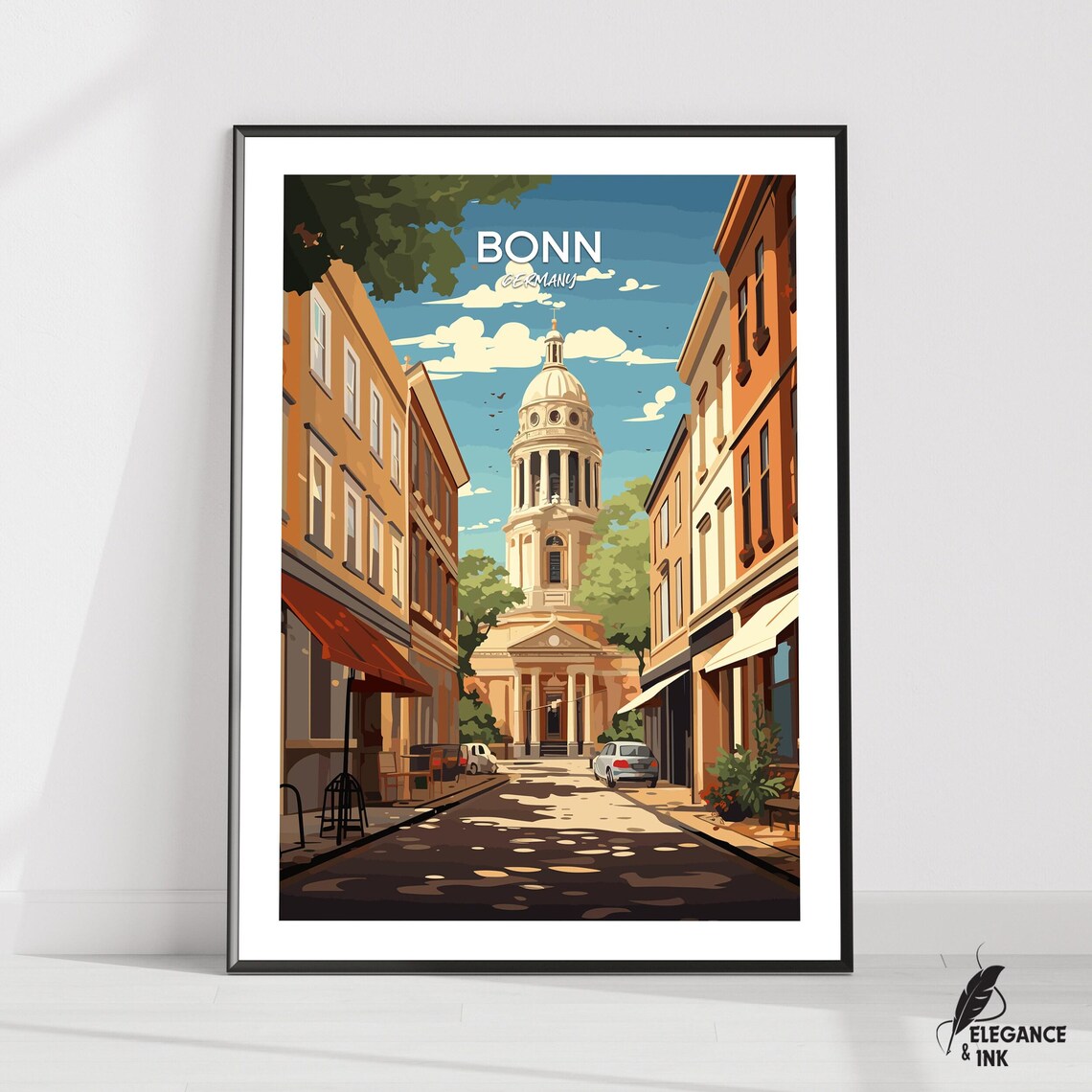 Bonn Germany Historic Old Town Street Scene Vintage Travel Poster