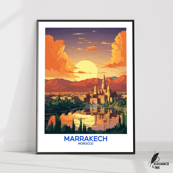 Marrakech Morocco Golden Sunset Cityscape Vintage Travel Poster