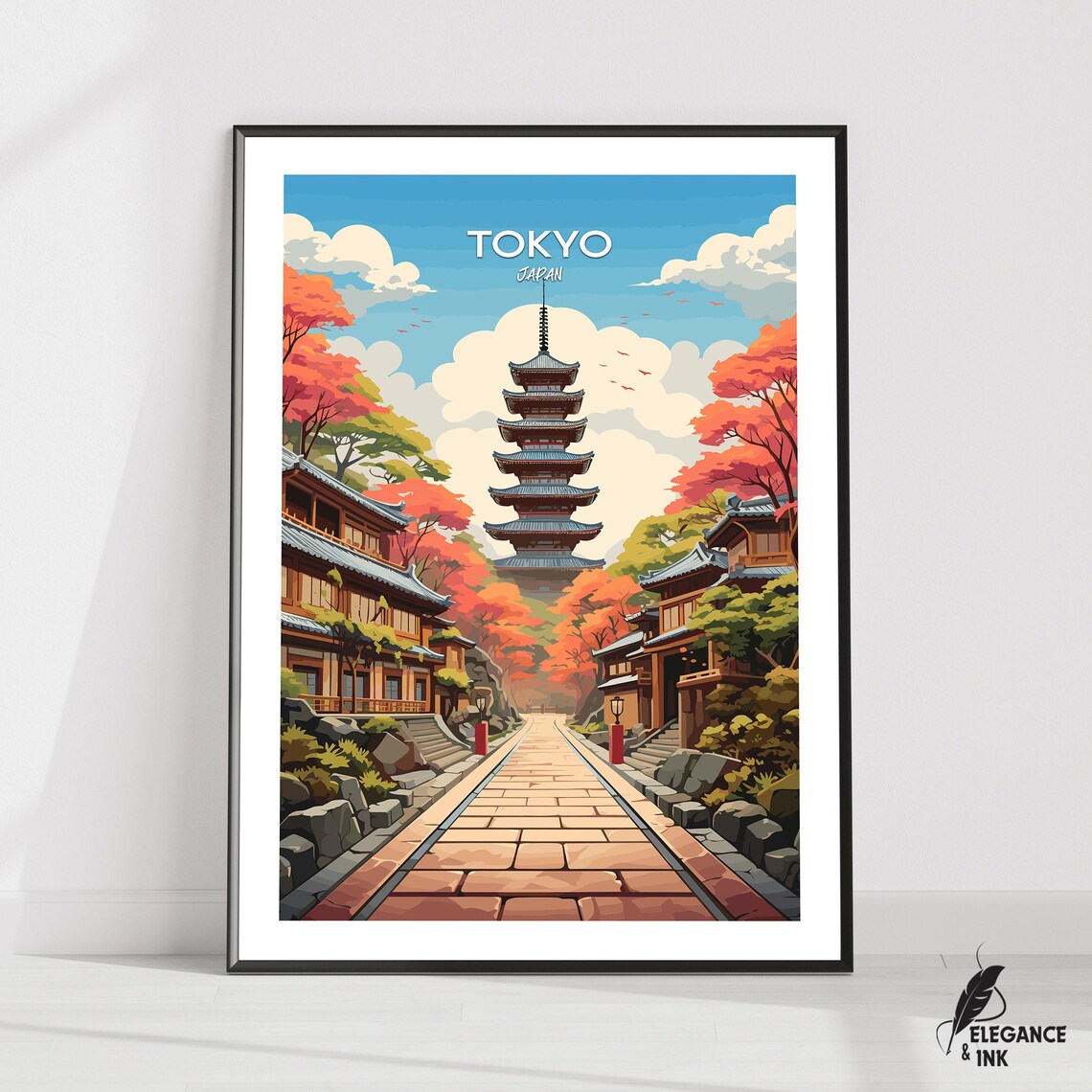 Tokyo Japan Vintage Travel Poster With Pagoda And Autumn Leaves