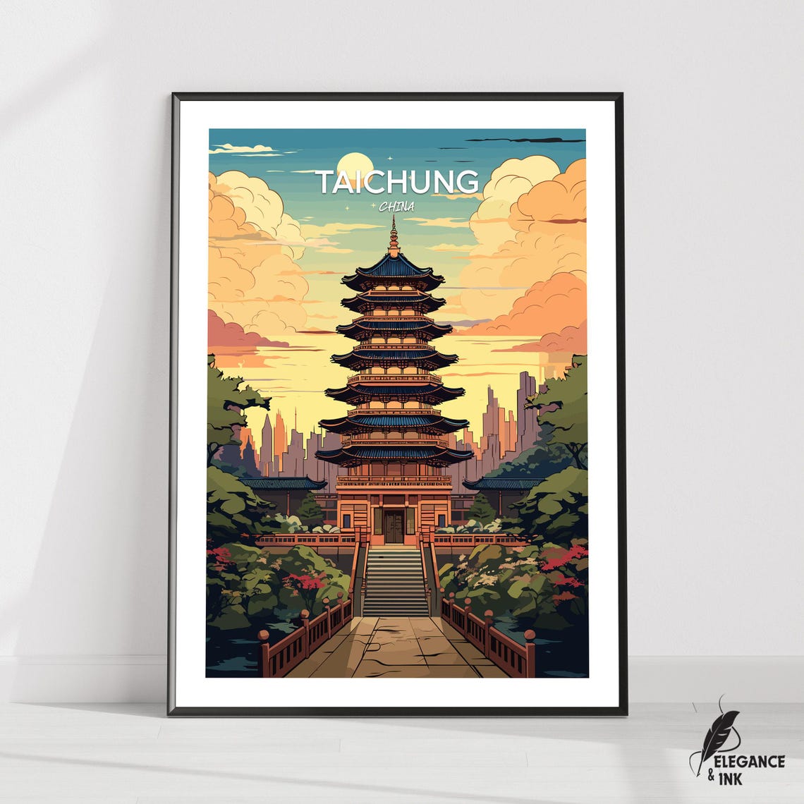 Taichung China Pagoda Tower Sunset Cityscape Colorful Travel Poster