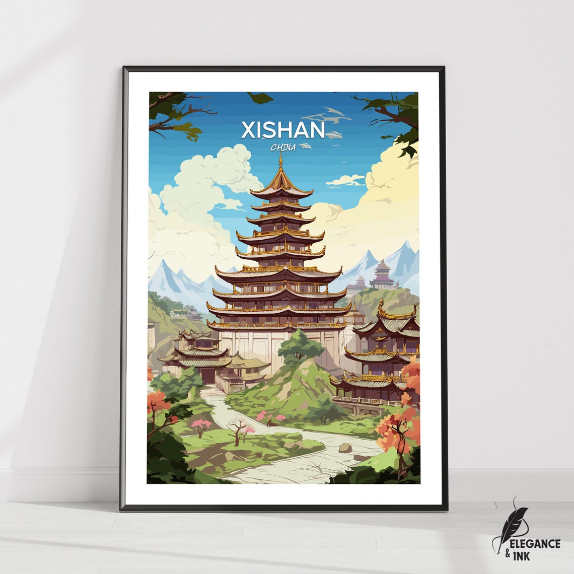 Xishan China Ancient Pagoda Hillside Scenic View Travel Poster