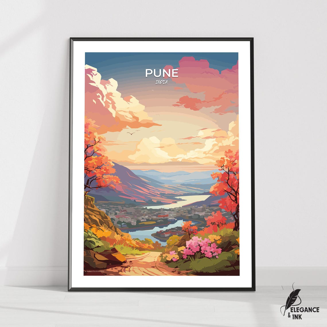 Pune India Soft Pink Sky Valley Landscape Travel Poster Serene