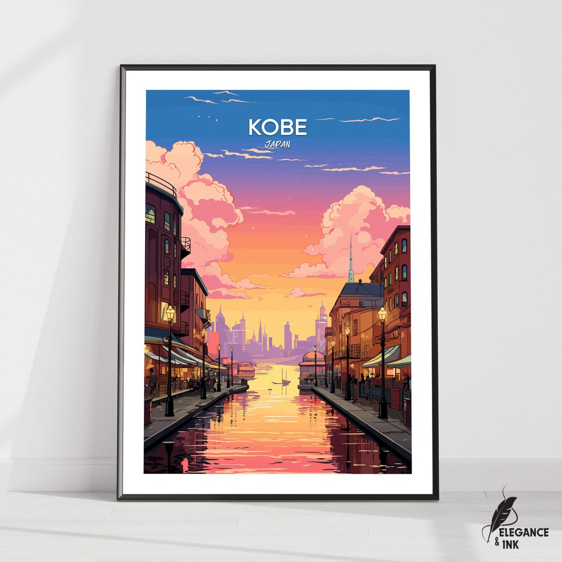 Kobe Japan Sunset Harbor Canal Top Text Edition Vintage Travel Poster