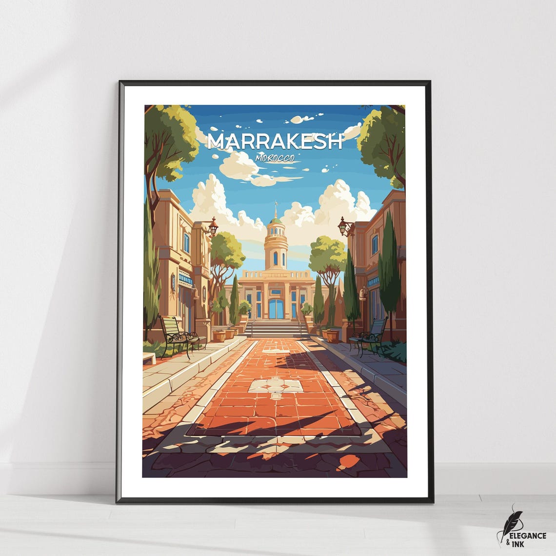 Marrakesh Morocco Sunlit Terracotta Plaza Illustration Travel Poster