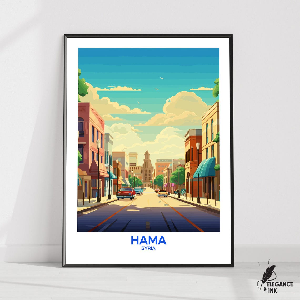 Hama Syria Historic Downtown Street Scene Vector Travel Poster