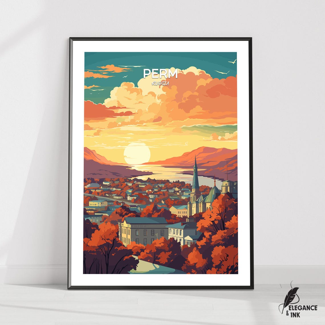 Perm Russia Golden Sunset Cityscape River View Travel Poster