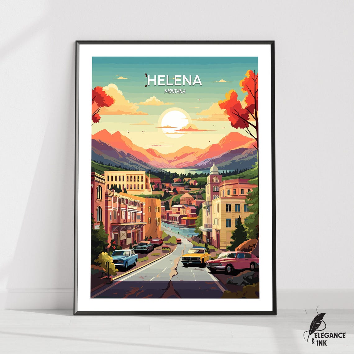 Helena Montana Sunset Downtown Street Retro Illustration Poster