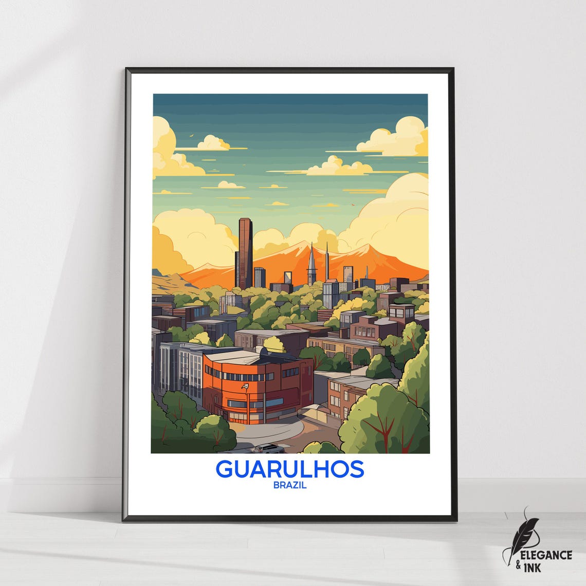 Guarulhos Brazil Cityscape Sunset Mountains Vintage Travel Poster