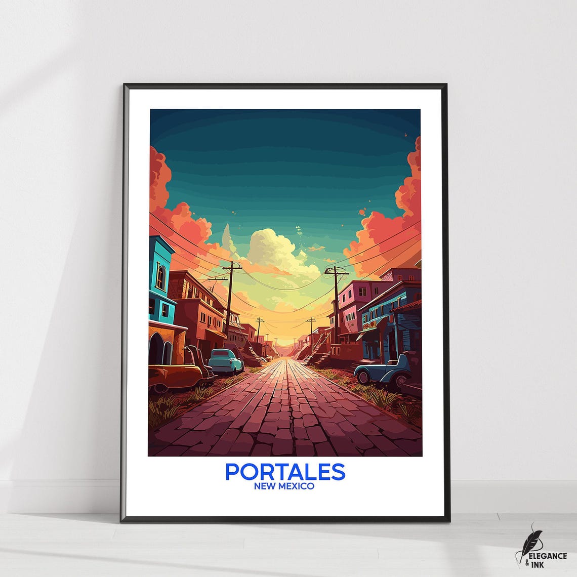 Portales New Mexico Street Sunset Poster with Blue Banner Text