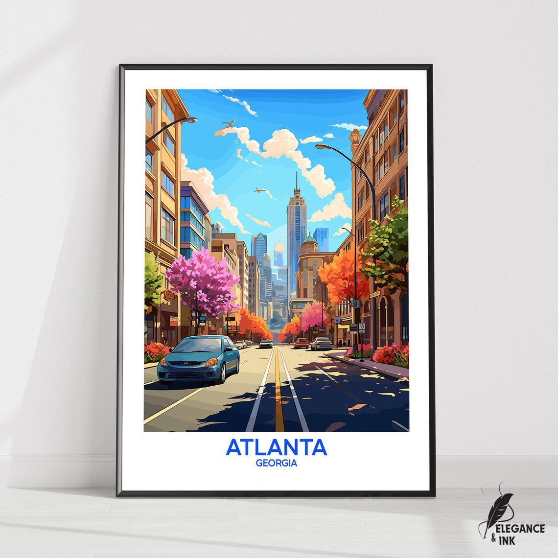 Atlanta Georgia Downtown Skyline Sunny Blue Sky Travel Poster