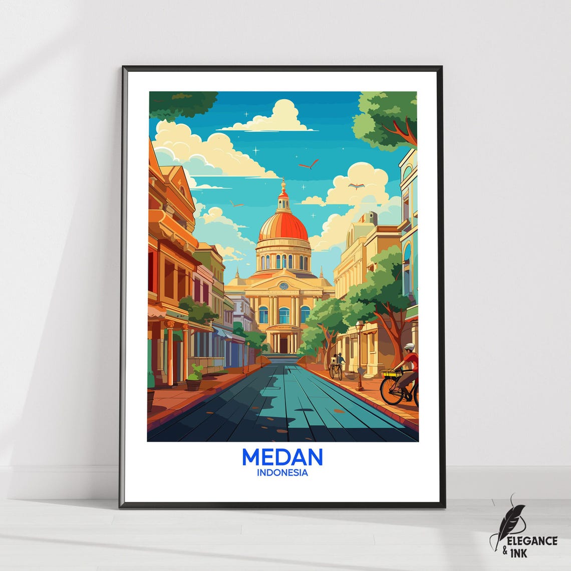 Medan Indonesia Colonial Old Town Street Travel Illustration Poster