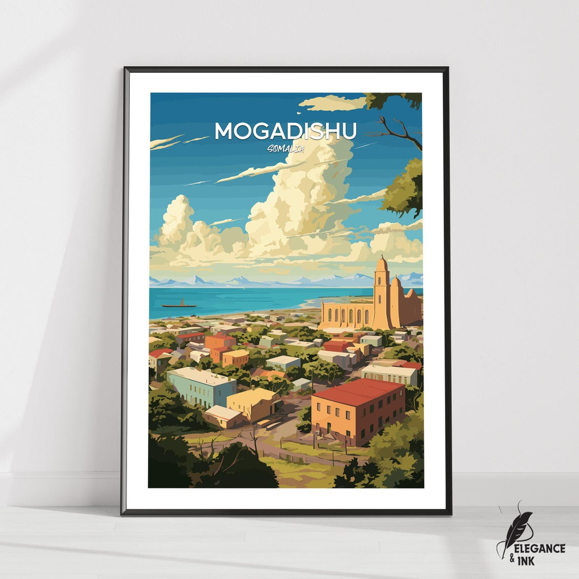 Mogadishu Somalia Coastal City Cathedral Vintage Travel Poster