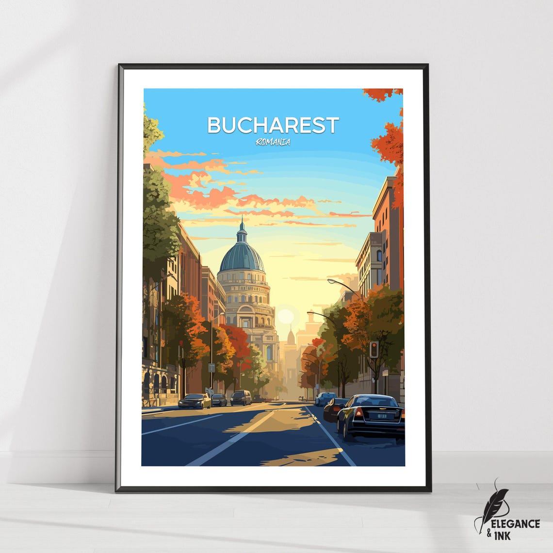Bucharest Romania White-Lettered Sunset Boulevard Travel Poster
