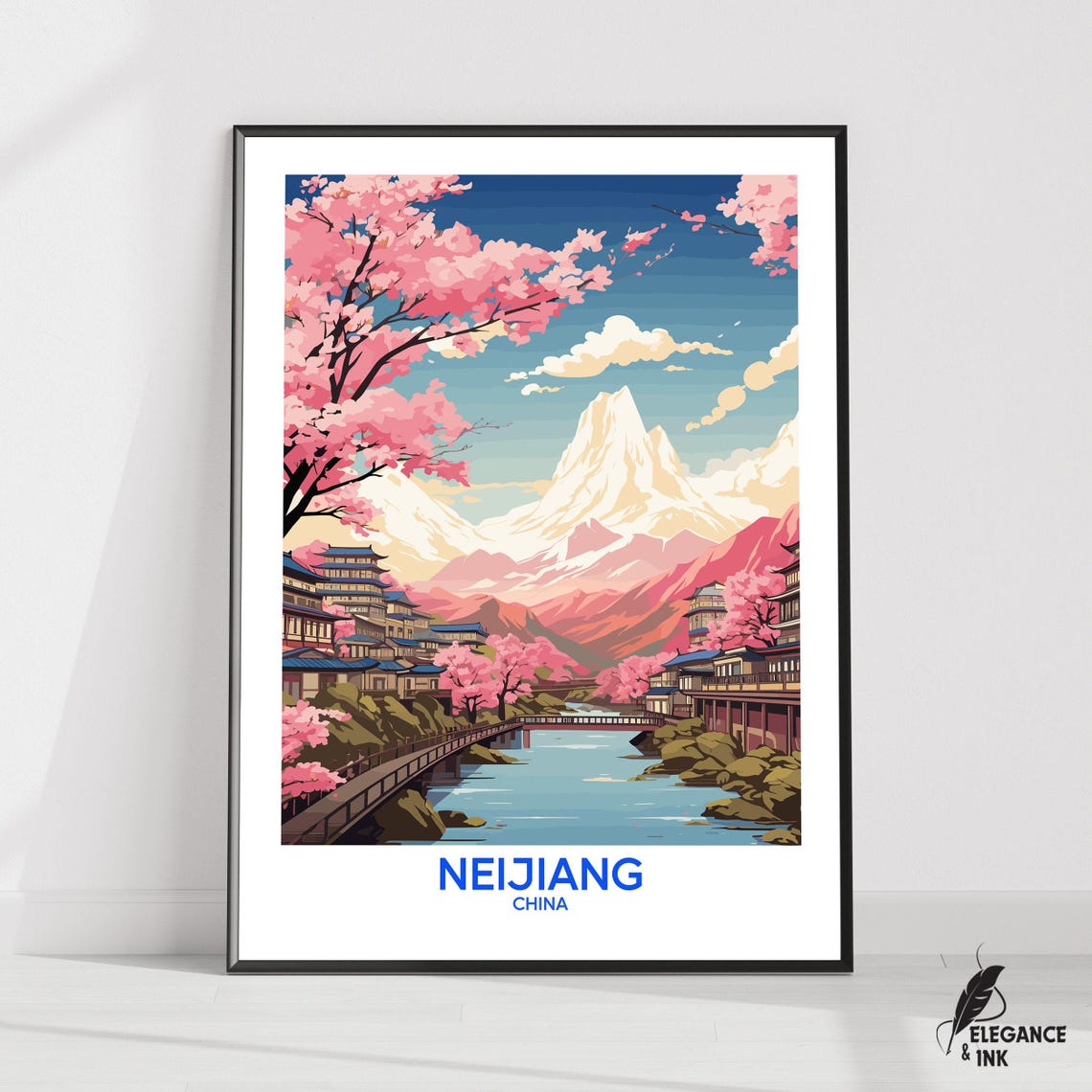 Neijiang China Cherry Blossom River Valley Illustration Poster