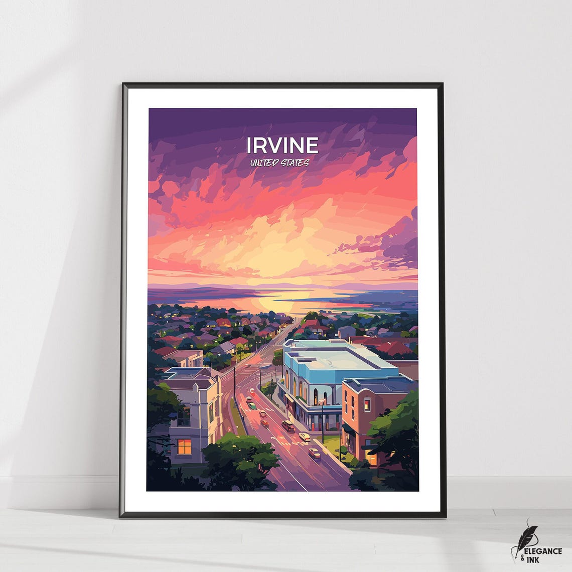 Irvine United States Purple Sunset City View Retro Travel Poster