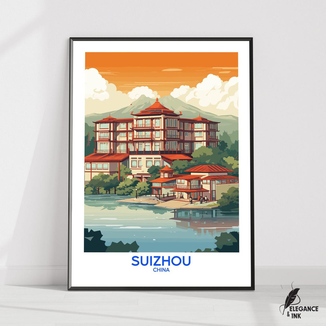 Suizhou China Lakeside Resort Vintage Travel Poster Bottom Text