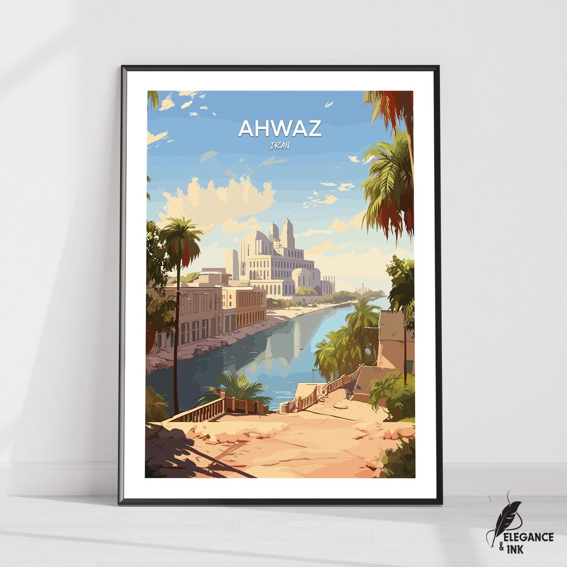 Ahwaz Iran Riverside Palms and River City Illustrated Travel Poster