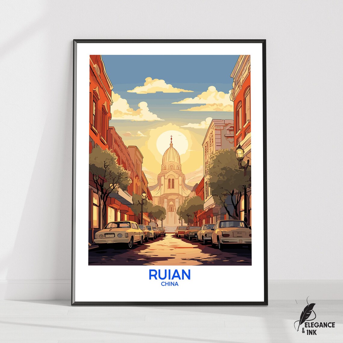 Ruian China Sunset Street Cathedral Classic Cars Travel Poster