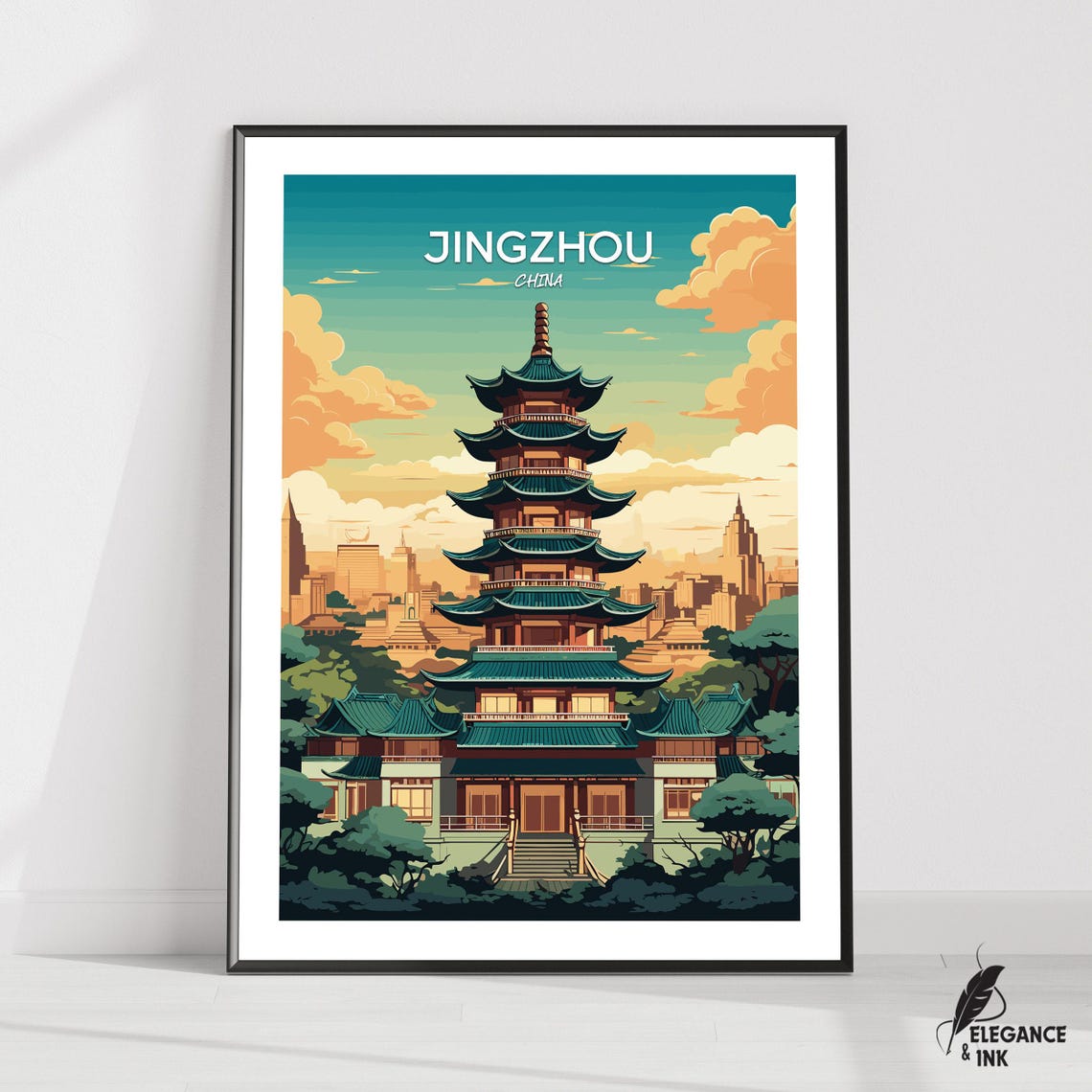 Jingzhou China Pagoda Sunset Skyline Illustration Retro Travel Poster