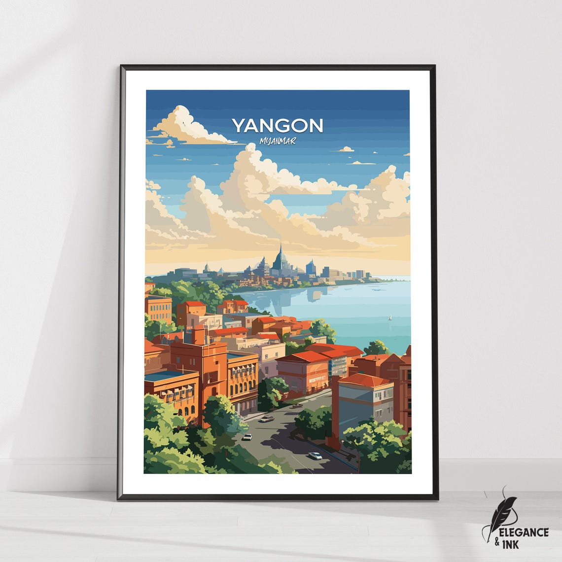 Yangon Myanmar Hillside Rooftops Waterfront Illustrated Travel Poster