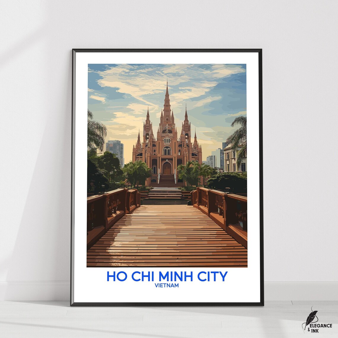 Ho Chi Minh City Vietnam Cathedral Bridge Illustration Travel Poster