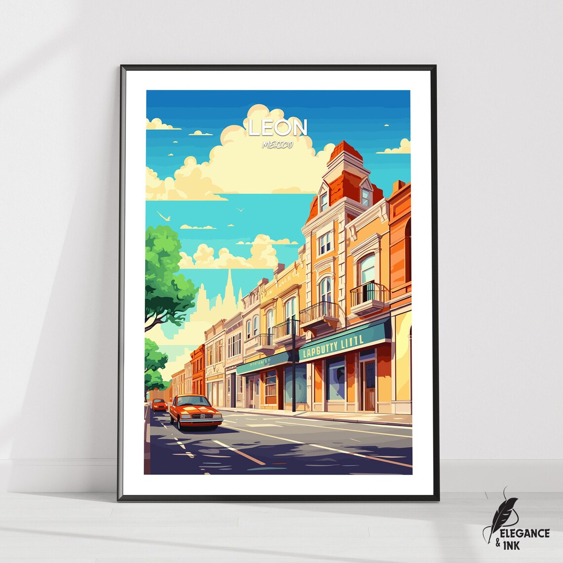 Leon Mexico Historic Street Vintage Cars Retro Travel Poster
