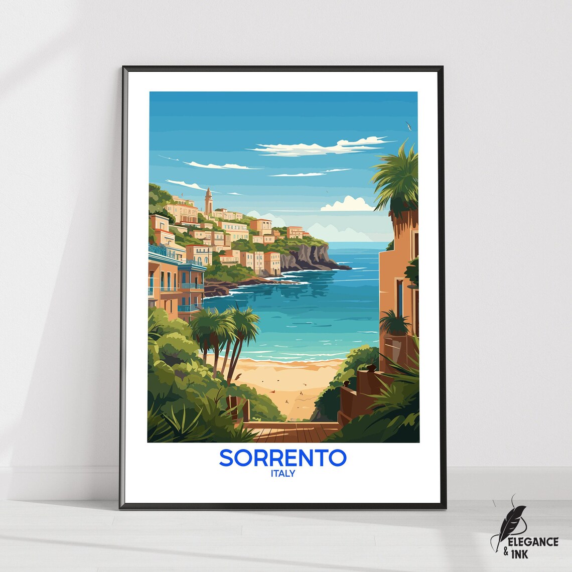 Sorrento Italy Coastal Cliff Town Palm Trees Vintage Travel Poster