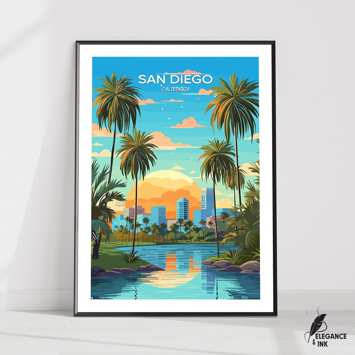 San Diego California Palm Lake Sunset Vintage Travel Poster Art