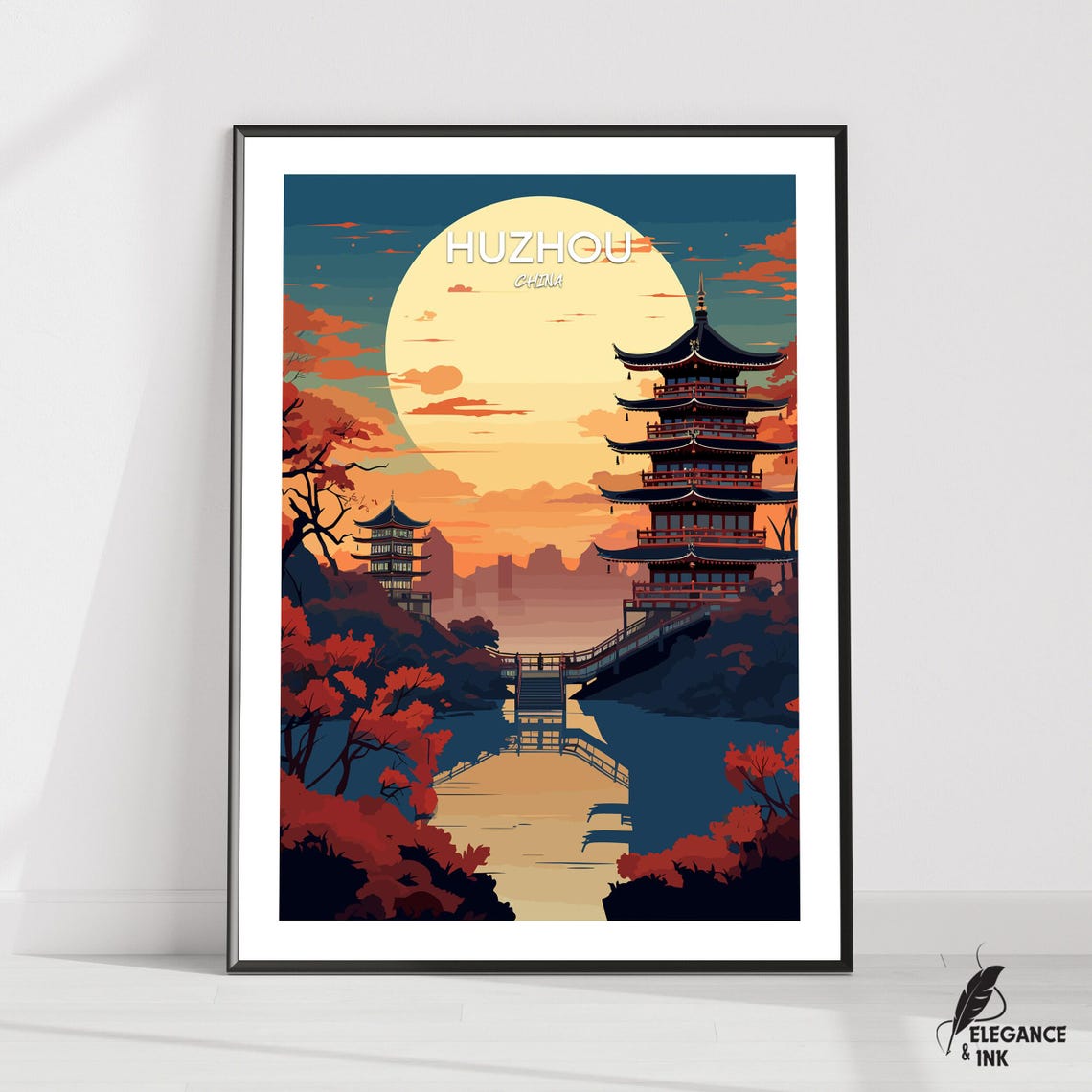 Huzhou China Pagodas Full Moon Lake Reflection Dusk Art Poster