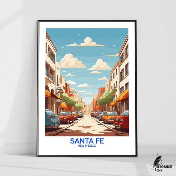 Santa Fe New Mexico Illustrated Downtown Street Scene Travel Poster