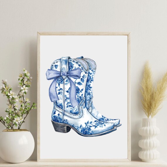 Blue Floral Chinoiserie Cowboy Boots with Bow Western Poster