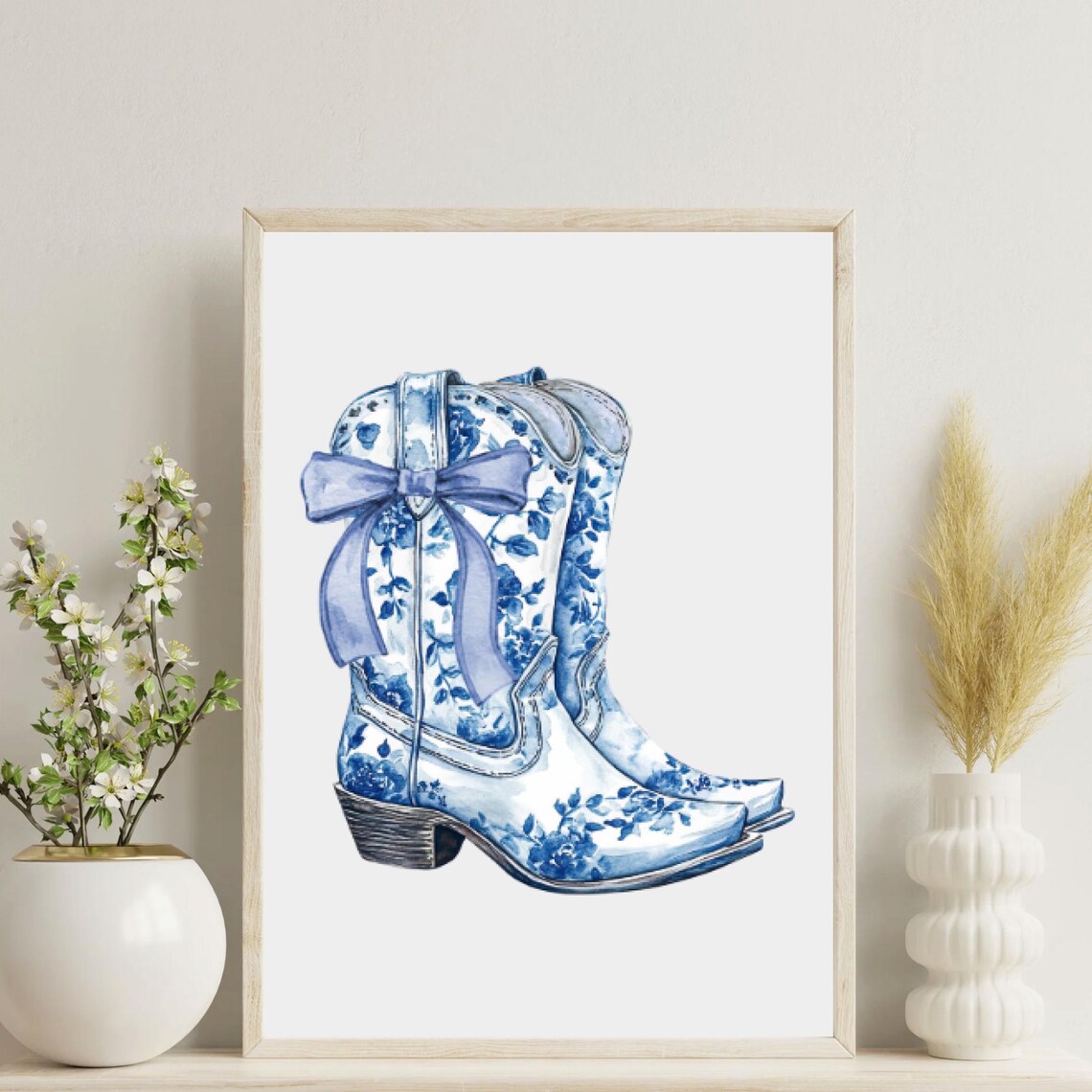 Blue Floral Chinoiserie Cowboy Boots with Bow Western Poster