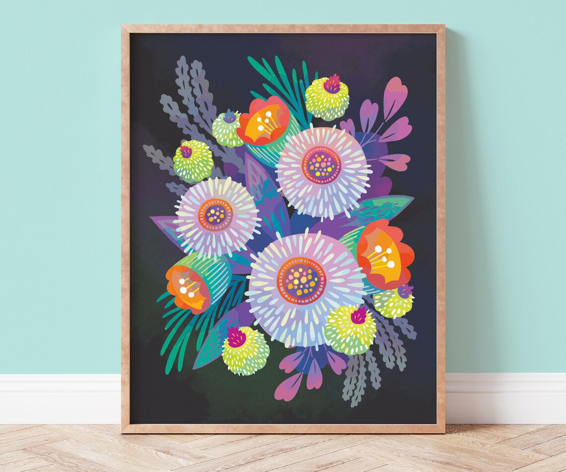 Colorful Flowers Botanical Art Print, Bold Decor