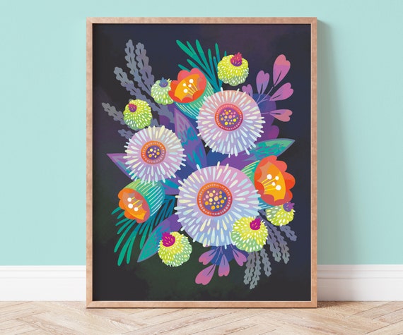 Colorful Flowers Botanical Art Print, Bold Decor