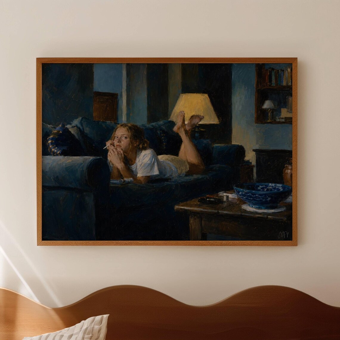 Woman Smoking On Blue Couch, Mid-Century Poster