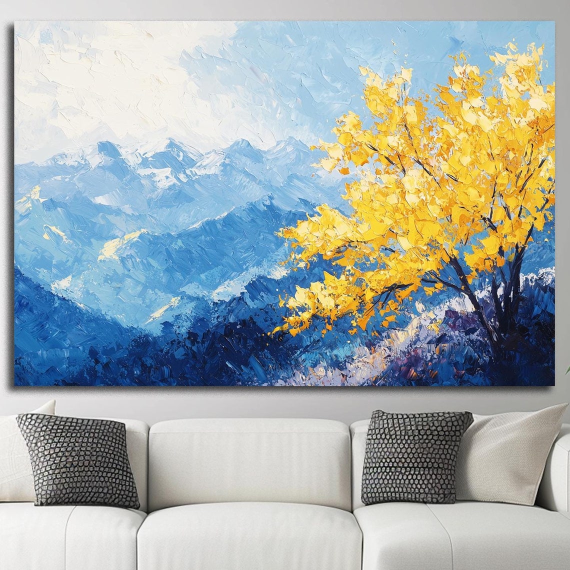 Blue Mountain Range Golden Autumn Tree Bold Impasto Landscape Poster