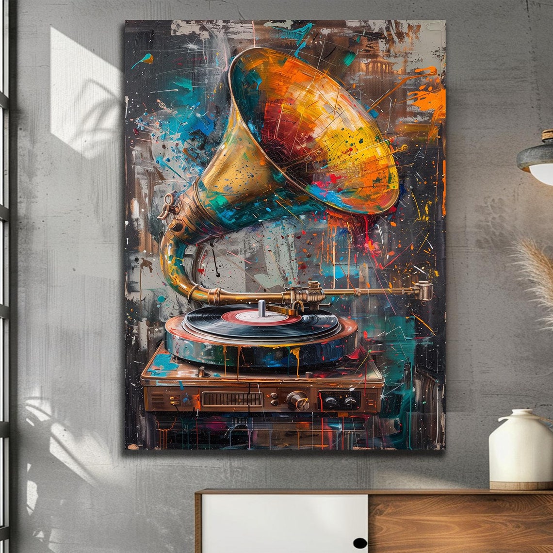 Vintage Gramophone Abstract Graffiti Style Music Artwork Wall Art