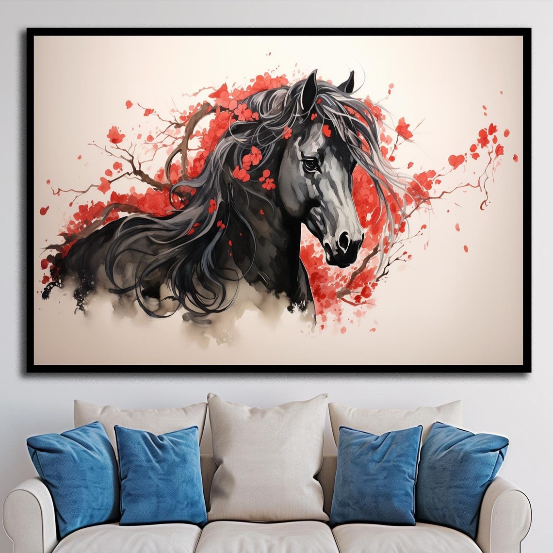 Black Horse Among Red Blossom Branches Portrait Watercolor Wall Art