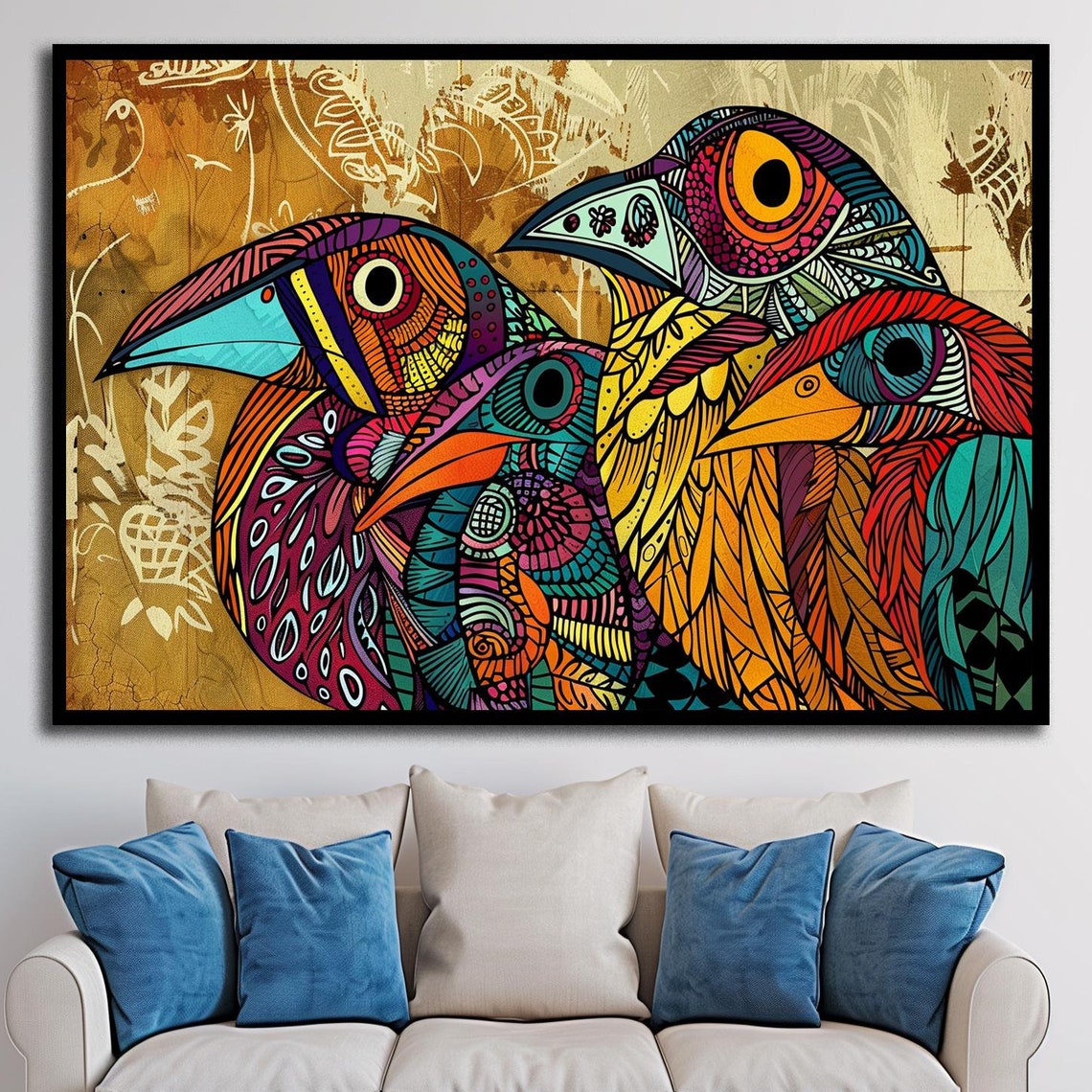 Three Patterned Toucans Colorful Folk Bird Art Tropical Poster
