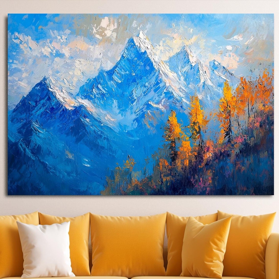 Deep Blue Mountain Peaks Golden Autumn Trees Oil Painting Poster